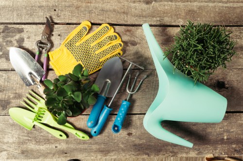 A collection of gardening tools and accessories arranged on a weathered wooden surface, including a pair of yellow gardening gloves, a small hand trowel, a pair of pruning shears, a hand rake, a bright green hand cultivator, and a light blue plastic watering can. Additionally, there is a healthy, green potted plant with dense foliage, adding a natural element to the scene. The background consists of aged wooden planks, providing a rustic outdoor setting typical of garden storage areas or outdoor workspaces. The lighting is natural, indicating daytime conditions, and the tools are clean and well-maintained, suggesting readiness for gardening tasks. This arrangement reflects typical gardening essentials used for lawn and garden care, fitting for a landscaping or gardening service website such as that of Landscapers Dalston, located near Dalston in London, promoting professional garden maintenance and landscaping services in the local area.
