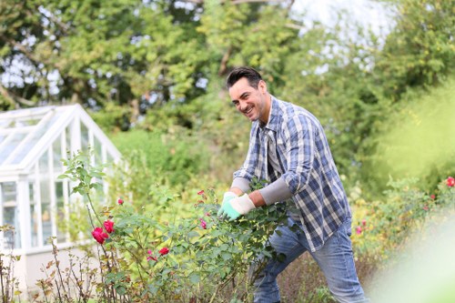 A male gardener in a checkered shirt and blue jeans is tending to a flower bed in a garden, using gardening gloves while smiling. The garden features a variety of roses with pink blooms, situated alongside a grass lawn and bordered by shrubs. In the background, there is a white greenhouse with a transparent roof, surrounded by lush green trees and foliage, indicating a well-maintained outdoor space typical of residential gardens in Dalston or nearby areas. The scene is bathed in natural daylight, suggesting clear weather, with vibrant plant colours contrasting against the natural earth tones of the soil and the green grass. The overall setting displays a neatly organized landscaped yard, reflecting professional gardening care and maintenance that might be offered by local landscapers such as Landscapers Dalston.