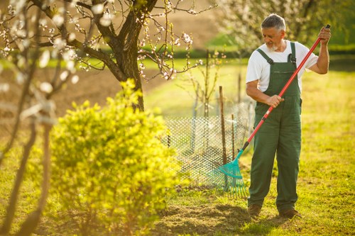 A middle-aged man in gardening overalls using a rake to level soil or grass in a well-maintained backyard garden in Dalston. The garden features a lush green lawn, flower beds with yellow and green shrubbery, and a small fence bordering a tree with white blossoms. Bright sunlight illuminates the scene, creating a warm outdoor atmosphere. In the background, there are more trees, a hedge, and a grassy area, indicating a spacious, landscaped outdoor space suitable for gardening services. The man appears focused on maintaining or preparing the garden, supporting the natural and tidy appearance of the outdoor environment. The scene reflects professional garden maintenance, with careful attention to plant health, soil condition, and overall landscape presentation, aligning with services offered by Landscapers Dalston.